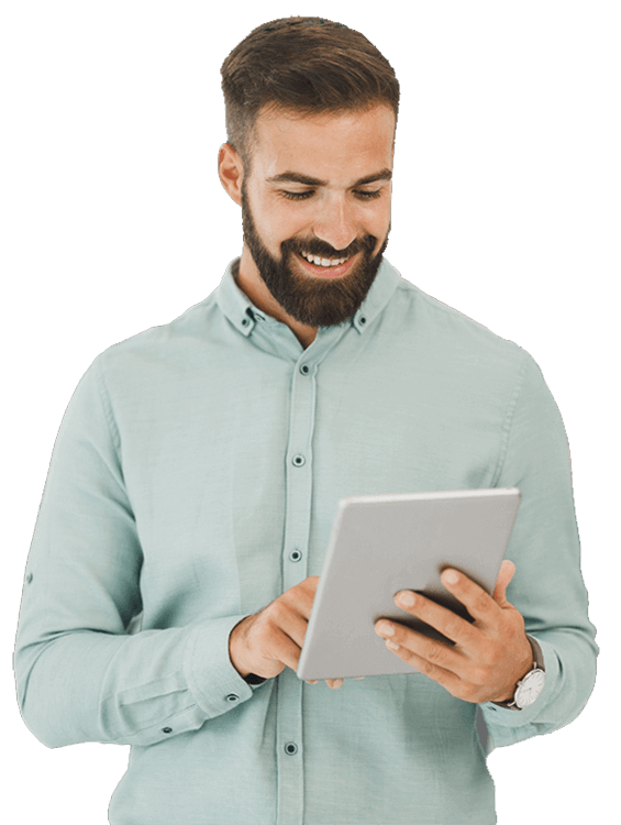 Man reviewing his marketing results on a tablet