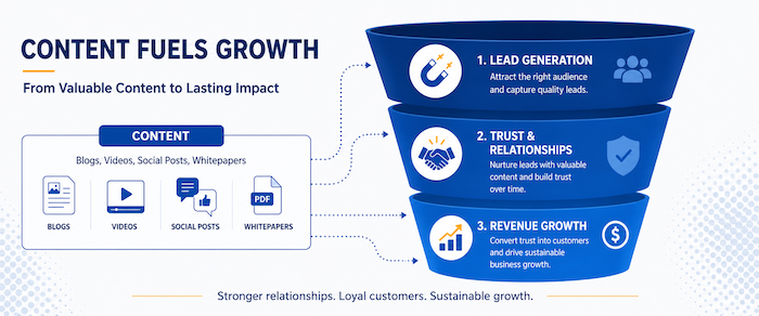 Content marketing fuels lead generation, builds trust and relationships, and drives revenue growth.