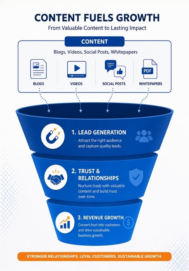 Diagram illustrating how content marketing drives lead generation, builds customer trust, supports sales enablement, and fuels revenue growth
